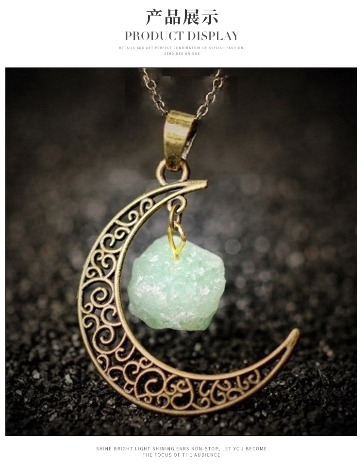 and America Cross Border Jewelry AliExpress Ornament Natural Stone Crystal Necklace Vintage Moon Alloy Sweater Chain