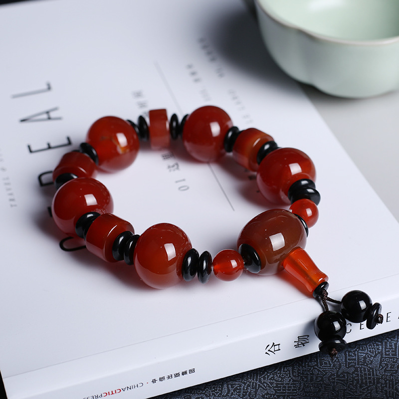 Natural agate bracelet domineer single circle male buddhist beads hand string national wind three eye day beads gift accessories