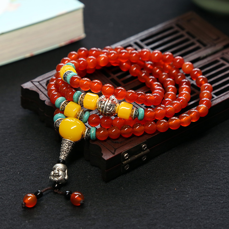 Natural agate bracelet female multi-circle crystal string beeswax Buddha head Tibet silver accessories