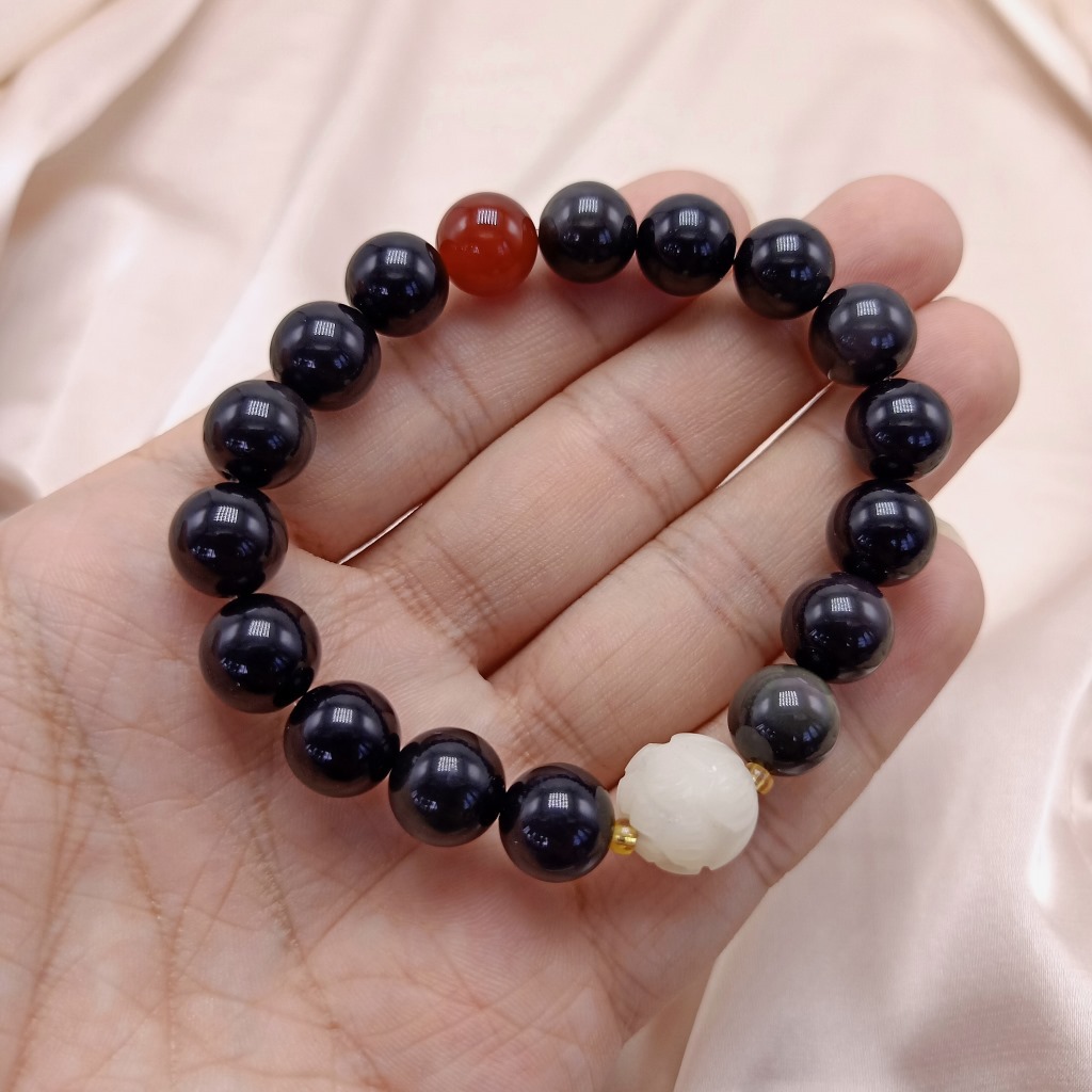 Black Single Circle 10mm Obsidian Unisex Bracelet with Bodhi Root Lotus Red Agate Bracelet Black Single Circle 10mm Obsidian Unisex Bracelet with Bodhi Root Lotus Red Agate Bracelet