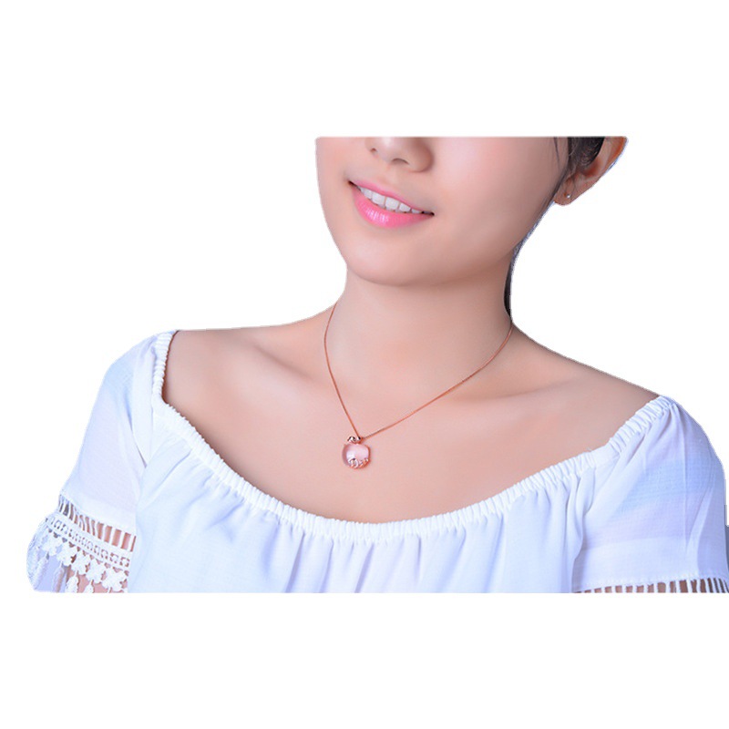 Rose Gold Ross Quartz Pink Crystal Apple Necklace Pendant Female Sweater Chain Pendant Ornament Clavicle Korean Style Pink Crystal