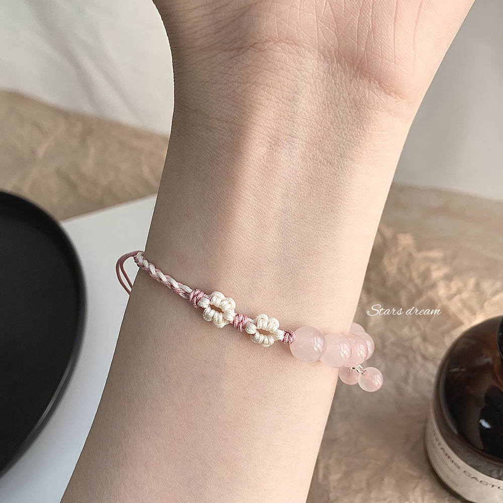 Semi-Sugar Peach Natural Pink Crystal Bracelet Woven Hand Strap Attracting Male Bracelet Girlfriends Pink Crystal Bracelet Wholesale