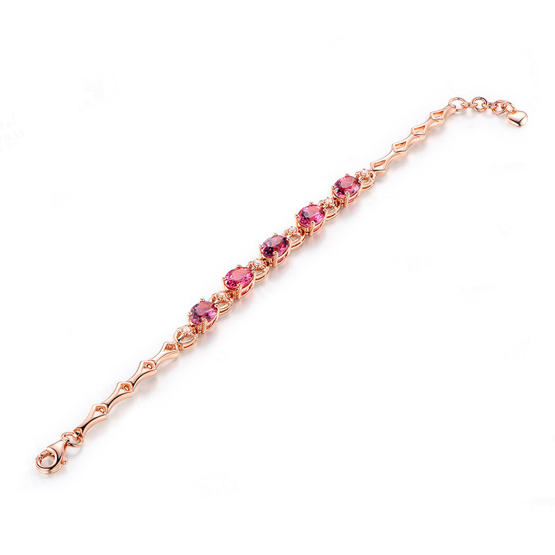 European and American Style Fresh Pink Crystal Bracelet Open Ring Ruby Tassel Ear Hook Red Tourmaline Rose Gold Pendant Set