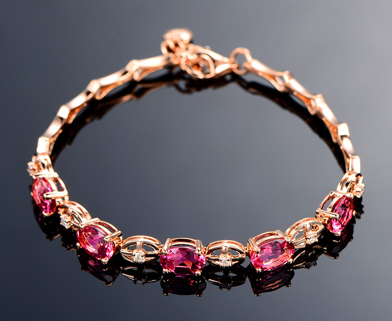 European and American Style Fresh Pink Crystal Bracelet Open Ring Ruby Tassel Ear Hook Red Tourmaline Rose Gold Pendant Set