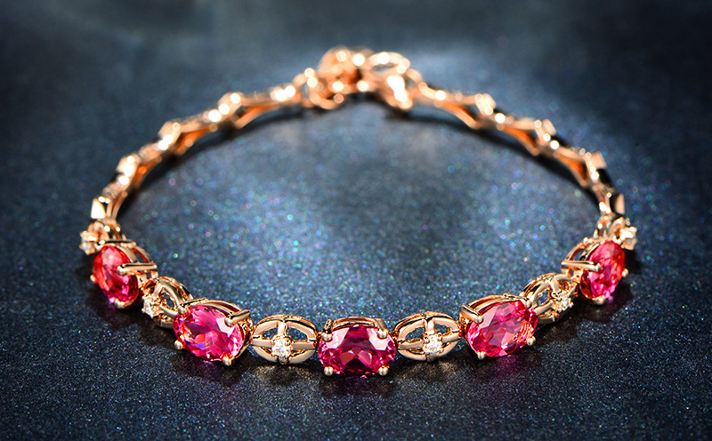 European and American Style Fresh Pink Crystal Bracelet Open Ring Ruby Tassel Ear Hook Red Tourmaline Rose Gold Pendant Set
