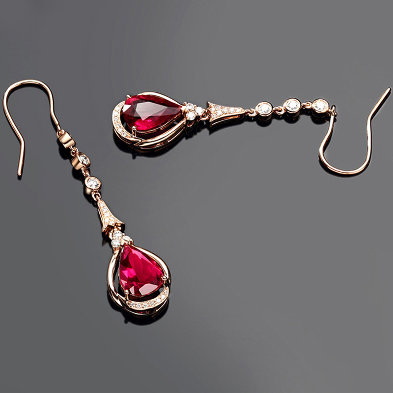 European and American Style Fresh Pink Crystal Bracelet Open Ring Ruby Tassel Ear Hook Red Tourmaline Rose Gold Pendant Set