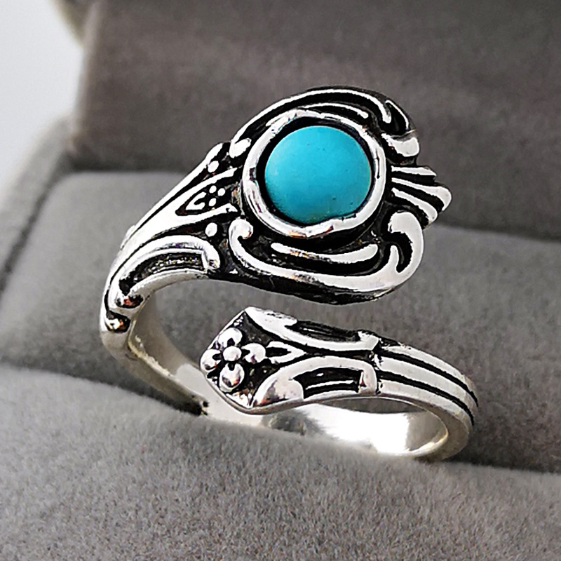 Rongyu New Retro Creative Rose Flower Pink Crystal Gemstone Ring European and American Couple Wedding Turquoise Ring