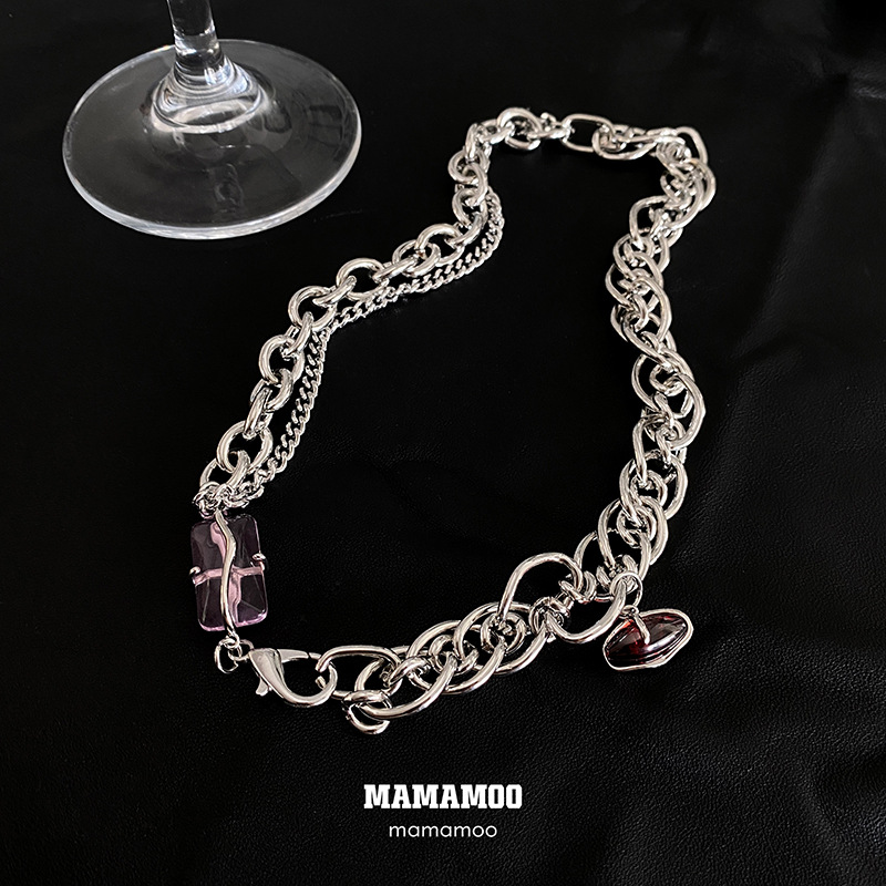 INS Cool Style Pink Crystal Clavicle Chain Women&#039;s Summer Niche High-Grade Design Necklace Internet Celebrity Temperament Necklace