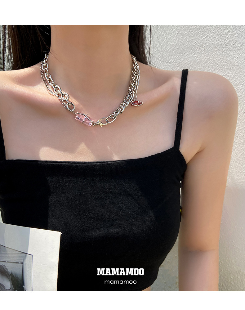 INS Cool Style Pink Crystal Clavicle Chain Women's Summer Niche High-Grade Design Necklace Internet Celebrity Temperament Necklace