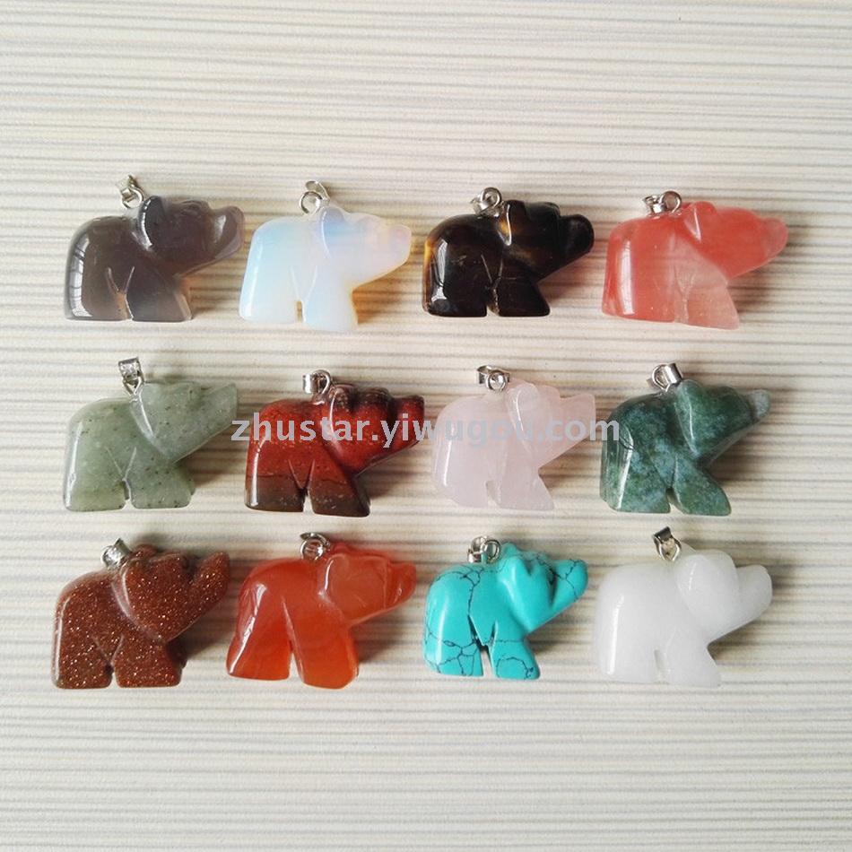 Natural stone, crystal, amethyst, agate, opal, tiger eye stone, elephant pendant.