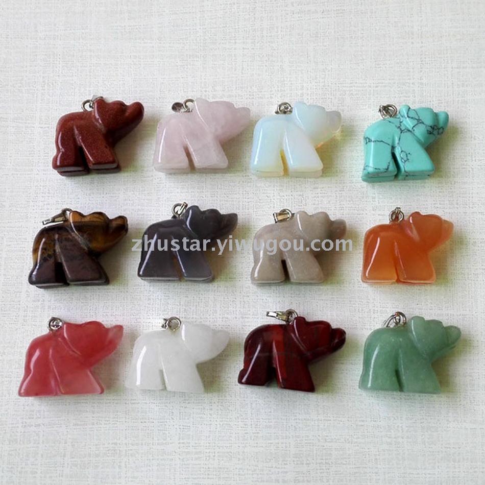 Natural stone, crystal, amethyst, agate, opal, tiger eye stone, elephant pendant.