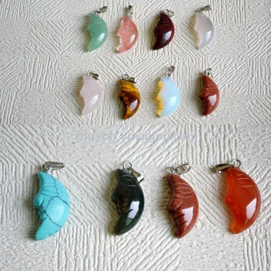 Natural stone, crystal, amethyst, agate, opal, tiger eye stone moon pendant.