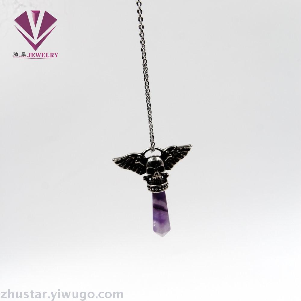 Natural stone angel hexagonal column ornaments, amethyst, green gold, pink crystal, tiger eye stone, red stone, agate