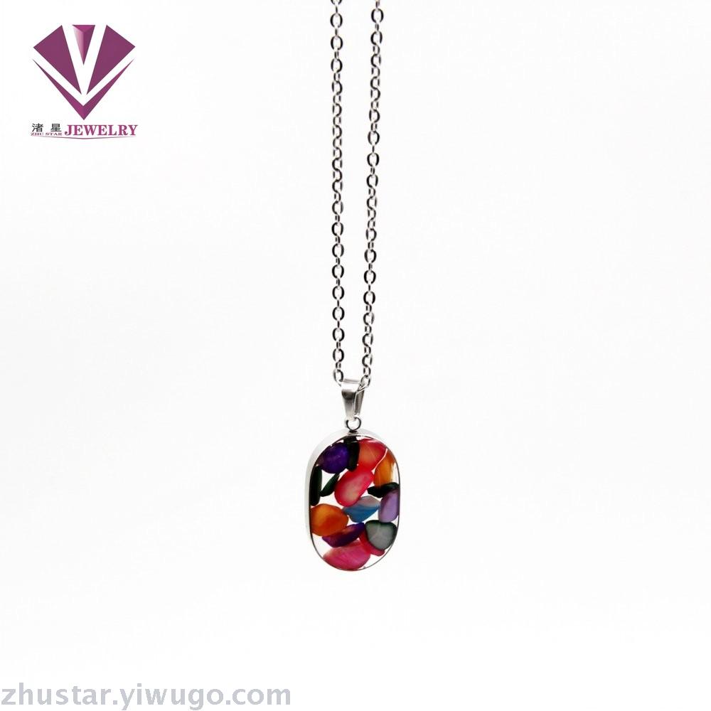 Stainless steel natural stone pendant, agate, powder crystal, amethyst, turquoise, tiger eye stone, pine stone, coral Stainless steel natural stone pendant, agate, powder crystal, amethyst, turquoise, tiger eye stone, pine stone, coral