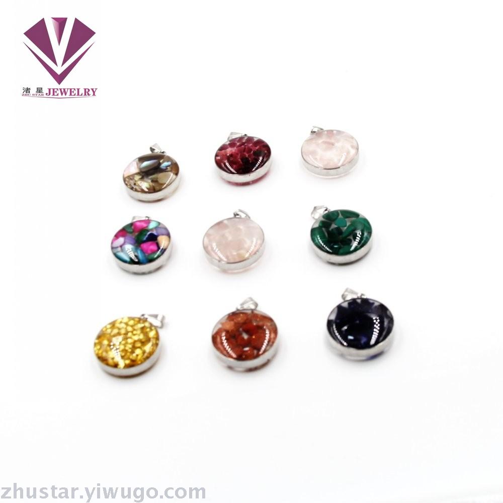 Stainless steel natural stone pendant, agate, powder crystal, amethyst, turquoise, tiger eye stone, pine stone, coral
