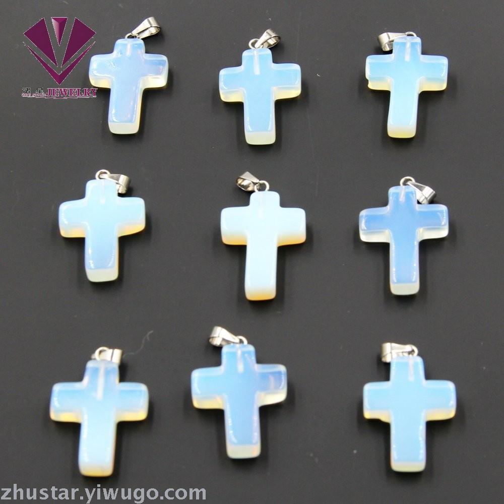 Natural stone opal cross pendant, agate, pink crystal, amethyst, tiger eye stone, pine stone, coral