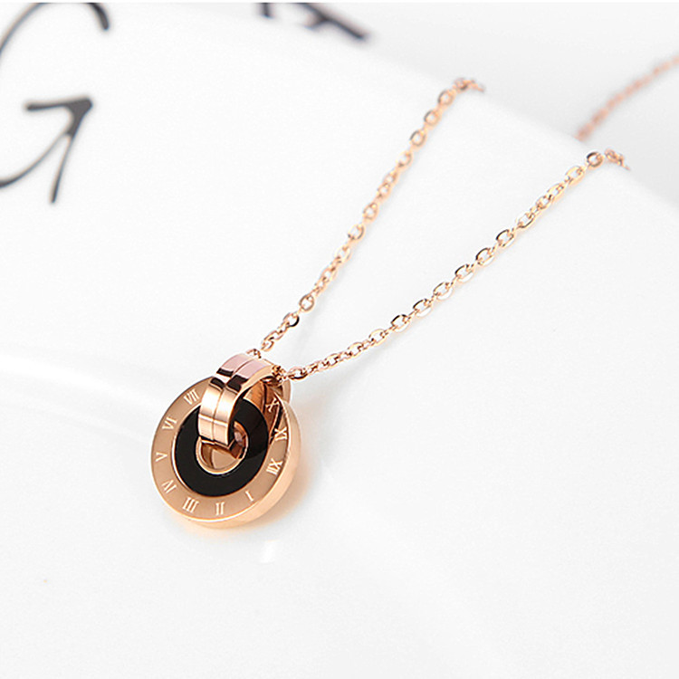 European and American Retro Roman Lettering Double Ring Fashion Personality All-Match Titanium Steel Rose Gold Ring Clavicle Chain Necklace for Women