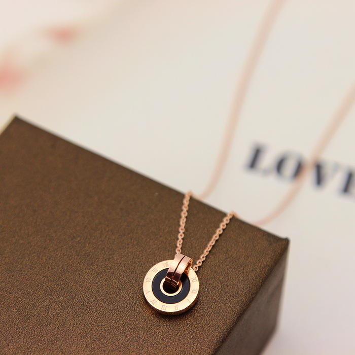 European and American Retro Roman Lettering Double Ring Fashion Personality All-Match Titanium Steel Rose Gold Ring Clavicle Chain Necklace for Women European and American Retro Roman Lettering Double Ring Fashion Personality All-Match Titanium Steel Rose Gold Ring Clavicle Chain Necklace for Women