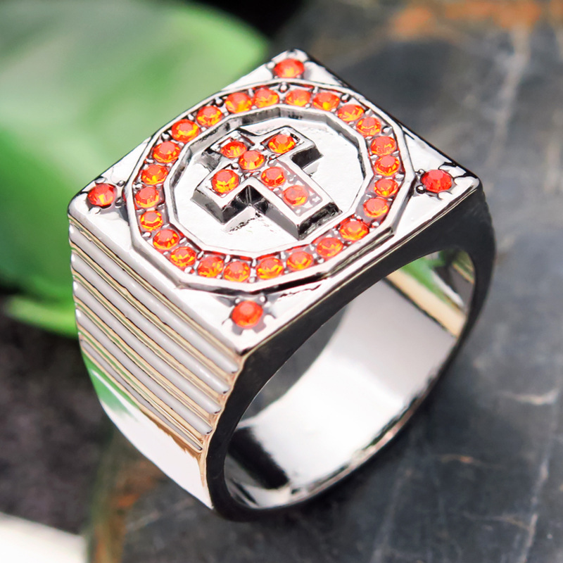 Rongyu EBay Fashion Inlaid Ruby Diamond Black Gold Ring European and American Popular Cross the Wedding Party Ring