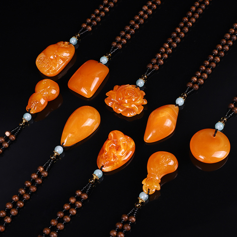 Ethnic Style Door Frame Imitation Beeswax Sweater Chain Second Generation Old Beeswax Pendant Necklace Live Broadcast Gift Accessories Pendant