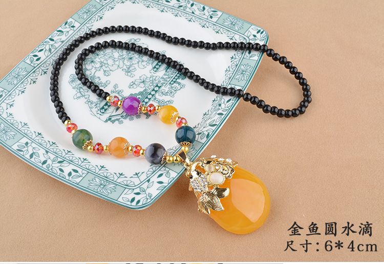 Ethnic Style Goldfish Sweater Chain Long Necklace Water Drop Imitation Beeswax Pendant Cotton Linen Trimmings for Clothing Pendant Wholesale Ethnic Style Goldfish Sweater Chain Long Necklace Water Drop Imitation Beeswax Pendant Cotton Linen Trimmings for Clothing Pendant Wholesale