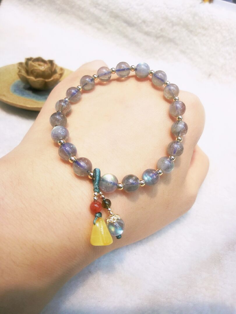 Natural crystal grey moonshine stone original create bracelet accessories raw mineral beeswax tourmaline