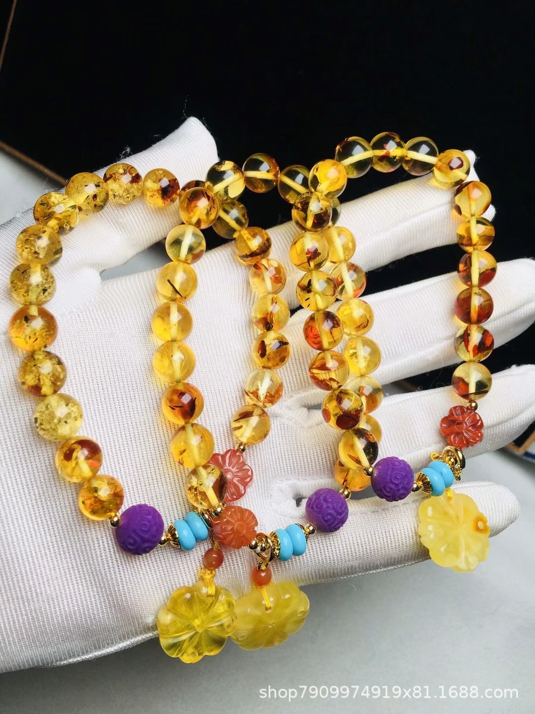 Natural Piebald Amber Exquisite Bracelet Amber Single Circle Round Beads Women 'S Bracelet With Charoite Beeswax South Red