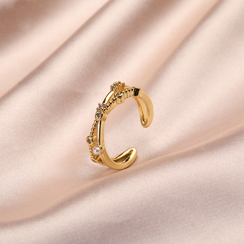 European and American Geometric Open Adjustable Ring Cross-Border Cool Hollow Pearl Simple Diamond-Set Index Finger Ring Jewelry Wholesale