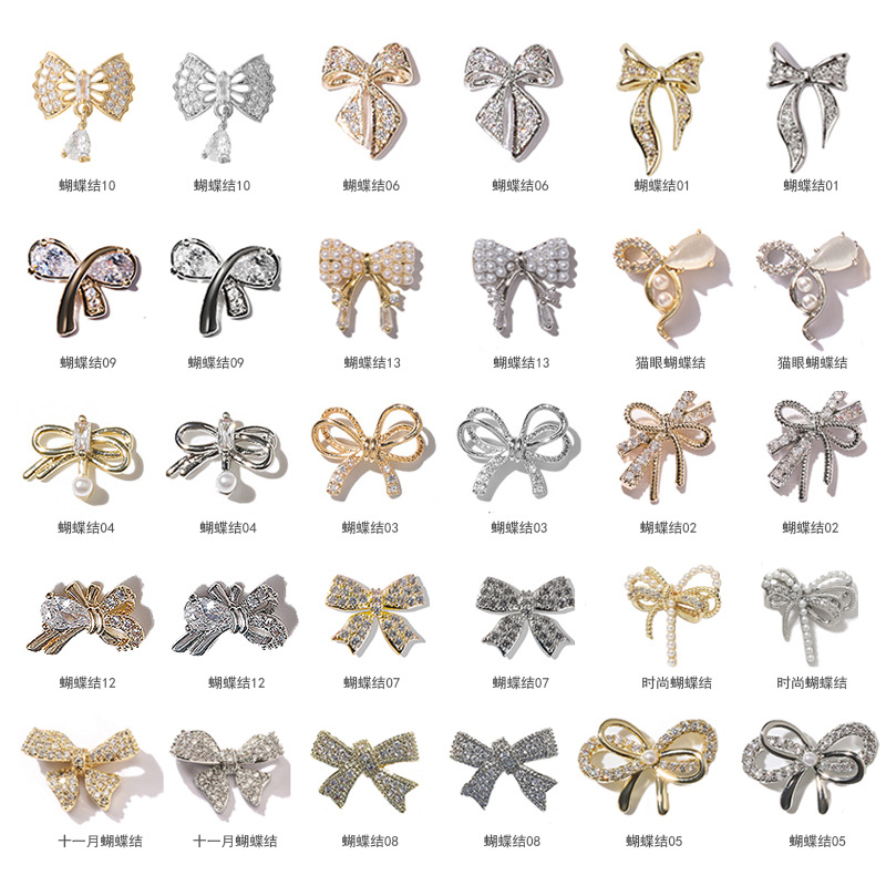Nail Art Bow Jewelry Wholesale Metal Zircon Nail Beauty Rhinestone Pearl Butterfly Chain Nail Ornament Accessories