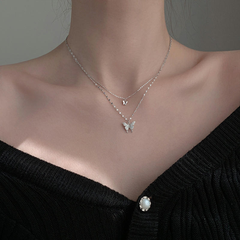 Internet Celebrity Double Layers Loving Heart Pearl Necklace for Women Ins Niche Design Temperament Clavicle Chain European and American Fashion Jewelry