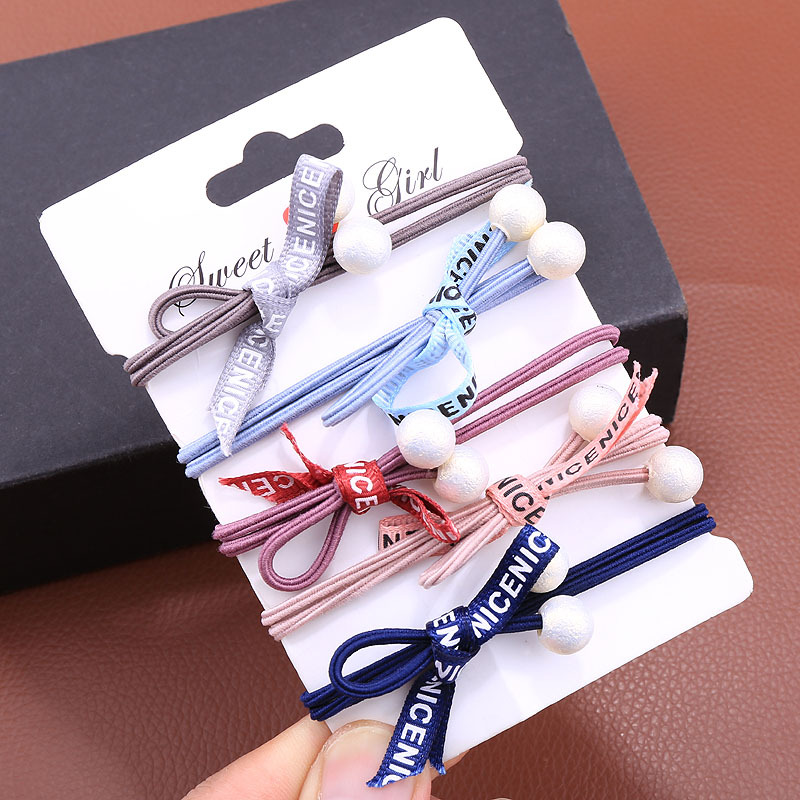 Korean Spring/Summer Stall Pearl Headband Rubber Band Cute Hair Ring Letter Ribbon Knotted Bow Hair Rope Head Jewelry