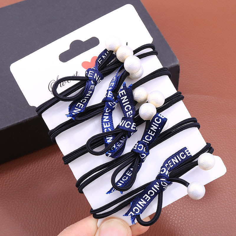 Korean Spring/Summer Stall Pearl Headband Rubber Band Cute Hair Ring Letter Ribbon Knotted Bow Hair Rope Head Jewelry