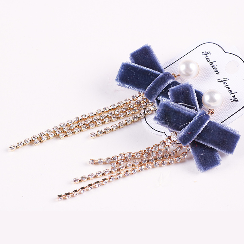 Korean Women&#039;s Fashion Bow Earrings Drill Chain Fabric Earrings Creative Pearl Earrings Trendy Jewelry Wholesale