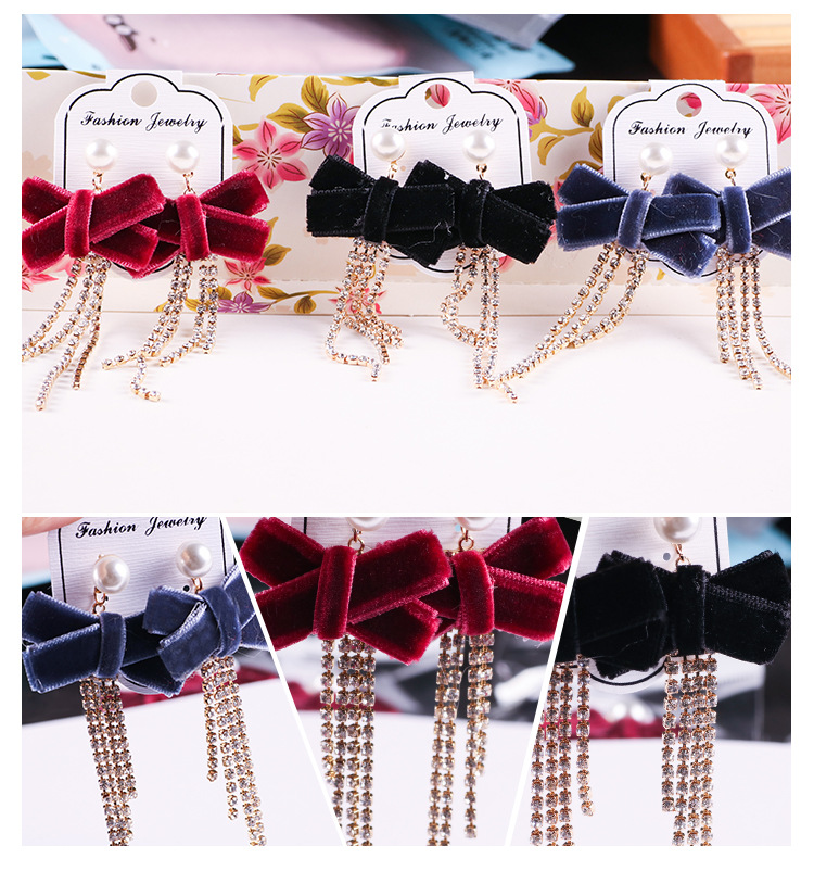 Korean Women's Fashion Bow Earrings Drill Chain Fabric Earrings Creative Pearl Earrings Trendy Jewelry Wholesale Korean Women's Fashion Bow Earrings Drill Chain Fabric Earrings Creative Pearl Earrings Trendy Jewelry Wholesale