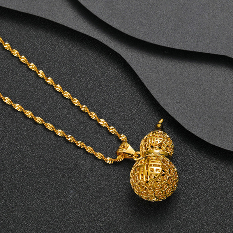 Copper-Plated Gold Inheritance Craft Hollow Blessing Gourd Necklace for Women Alluvial Gold Necklace Imitation Gold Accessories in Stock Wholesale Copper-Plated Gold Inheritance Craft Hollow Blessing Gourd Necklace for Women Alluvial Gold Necklace Imitation Gold Accessories in Stock Wholesale