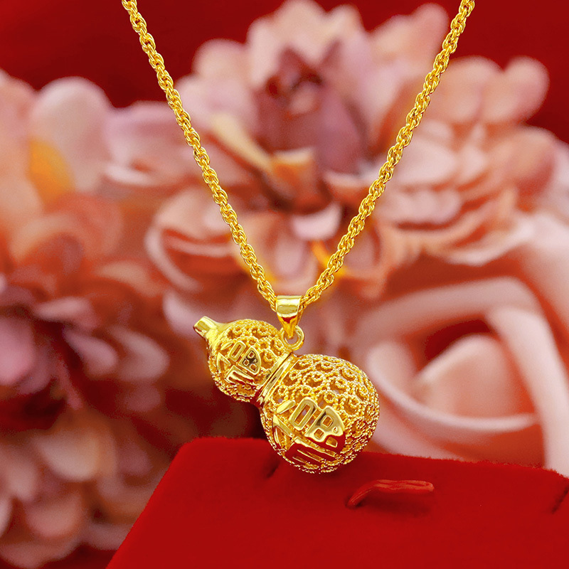Copper-Plated Gold Inheritance Craft Hollow Blessing Gourd Necklace for Women Alluvial Gold Necklace Imitation Gold Accessories in Stock Wholesale Copper-Plated Gold Inheritance Craft Hollow Blessing Gourd Necklace for Women Alluvial Gold Necklace Imitation Gold Accessories in Stock Wholesale