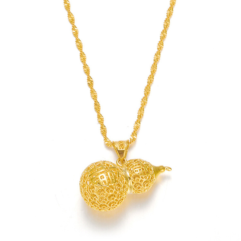 Copper-Plated Gold Inheritance Craft Hollow Blessing Gourd Necklace for Women Alluvial Gold Necklace Imitation Gold Accessories in Stock Wholesale Copper-Plated Gold Inheritance Craft Hollow Blessing Gourd Necklace for Women Alluvial Gold Necklace Imitation Gold Accessories in Stock Wholesale