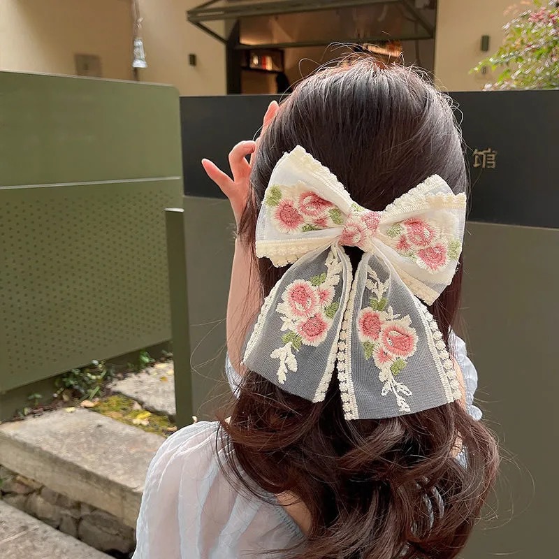 Super Fairy Lace Bow Barrettes Female Korean Dongdaemun Hair Accessory French Rose Embroidery Headdress Small Jewelry Hairpin
