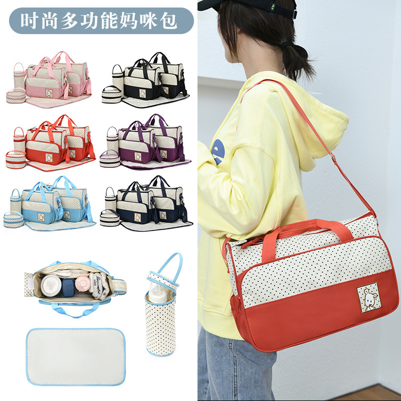 Foreign Trade Wholesale Fashion Fashion Shoulder Handbags for Moms Careful Large and Small Five-Piece Set Baby Diaper Bag Mother Bag Delivery