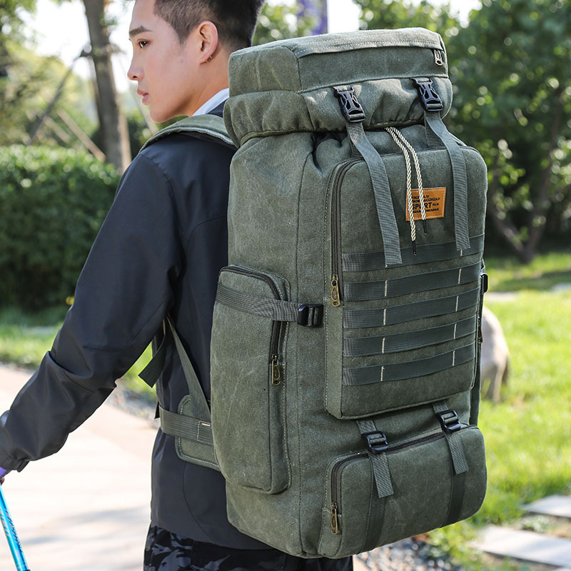 Cross-Border Exclusive Multi-Functional Outdoor Mountaineering Bag 80 Liter Canvas Large Capacity Backpack Travel Waterproof Rucksack