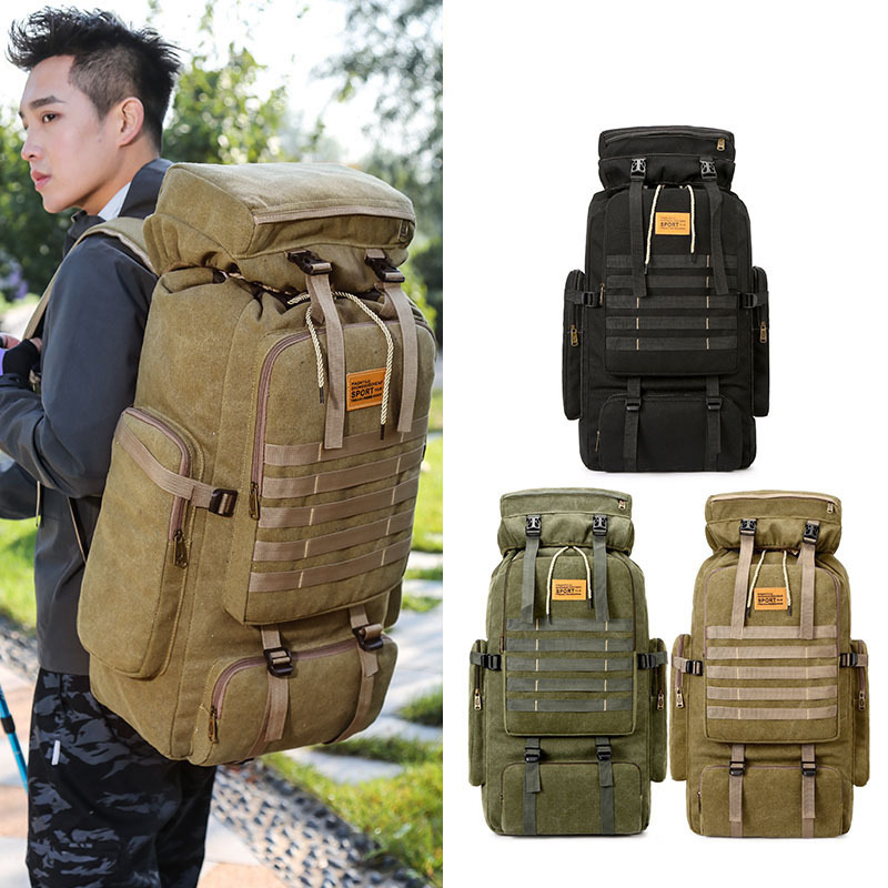 Cross-Border Exclusive Multi-Functional Outdoor Mountaineering Bag 80 Liter Canvas Large Capacity Backpack Travel Waterproof Rucksack