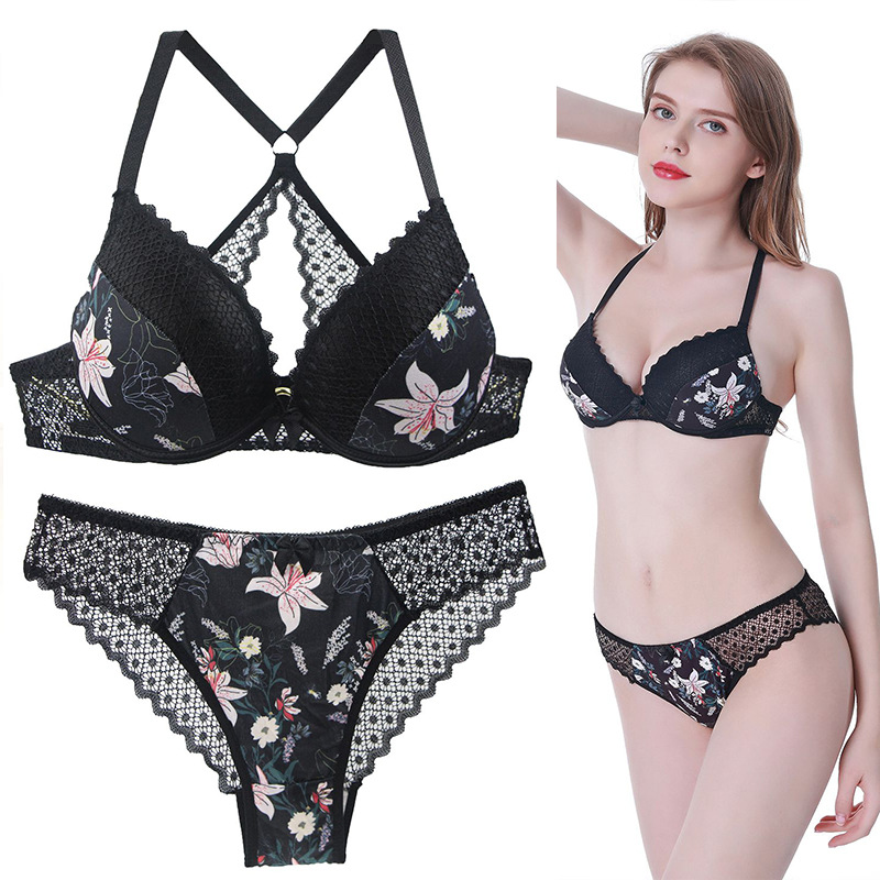 2021 New Large Size Back Shaping Bra Set Printed Sexy Women Lace French Underwear Suit Cross-Border Hot