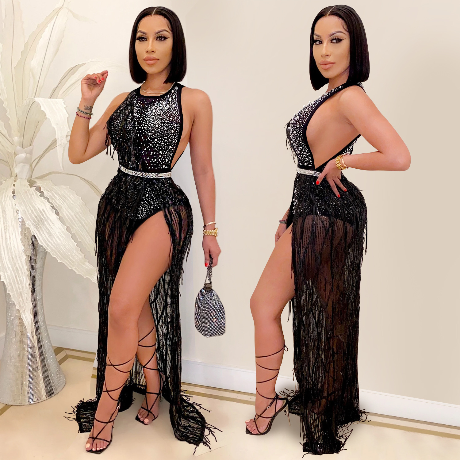C3710 Cross-Border New Fashion European and American Style Nightclub Hot Drilling Sequin Mesh Sexy Tassel Dress Two-Piece Set for Women