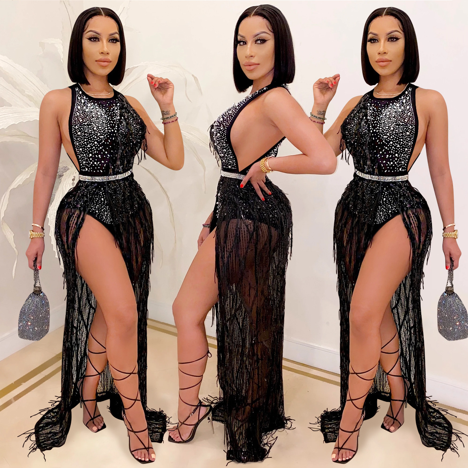 C3710 Cross-Border New Fashion European and American Style Nightclub Hot Drilling Sequin Mesh Sexy Tassel Dress Two-Piece Set for Women