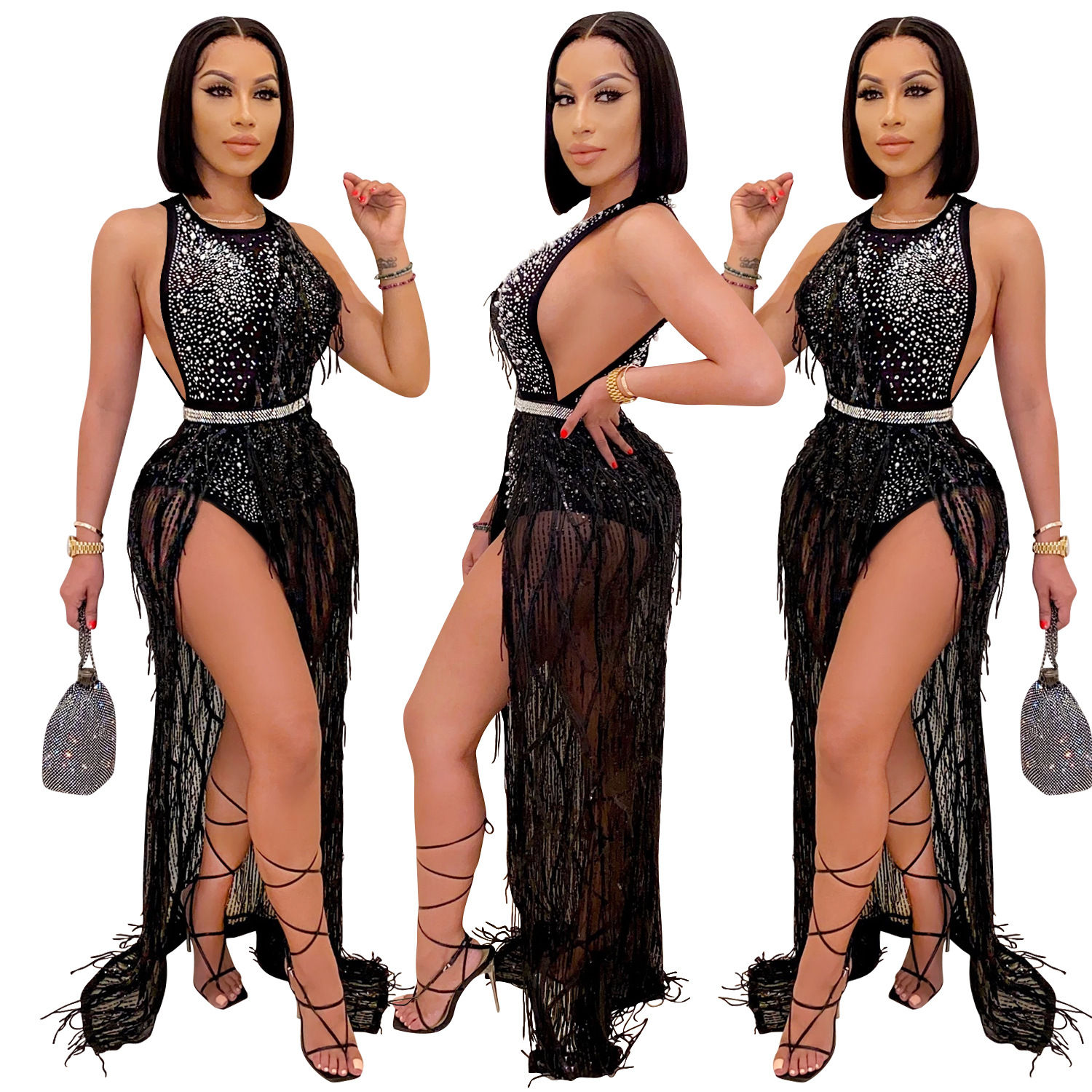 C3710 Cross-Border New Fashion European and American Style Nightclub Hot Drilling Sequin Mesh Sexy Tassel Dress Two-Piece Set for Women