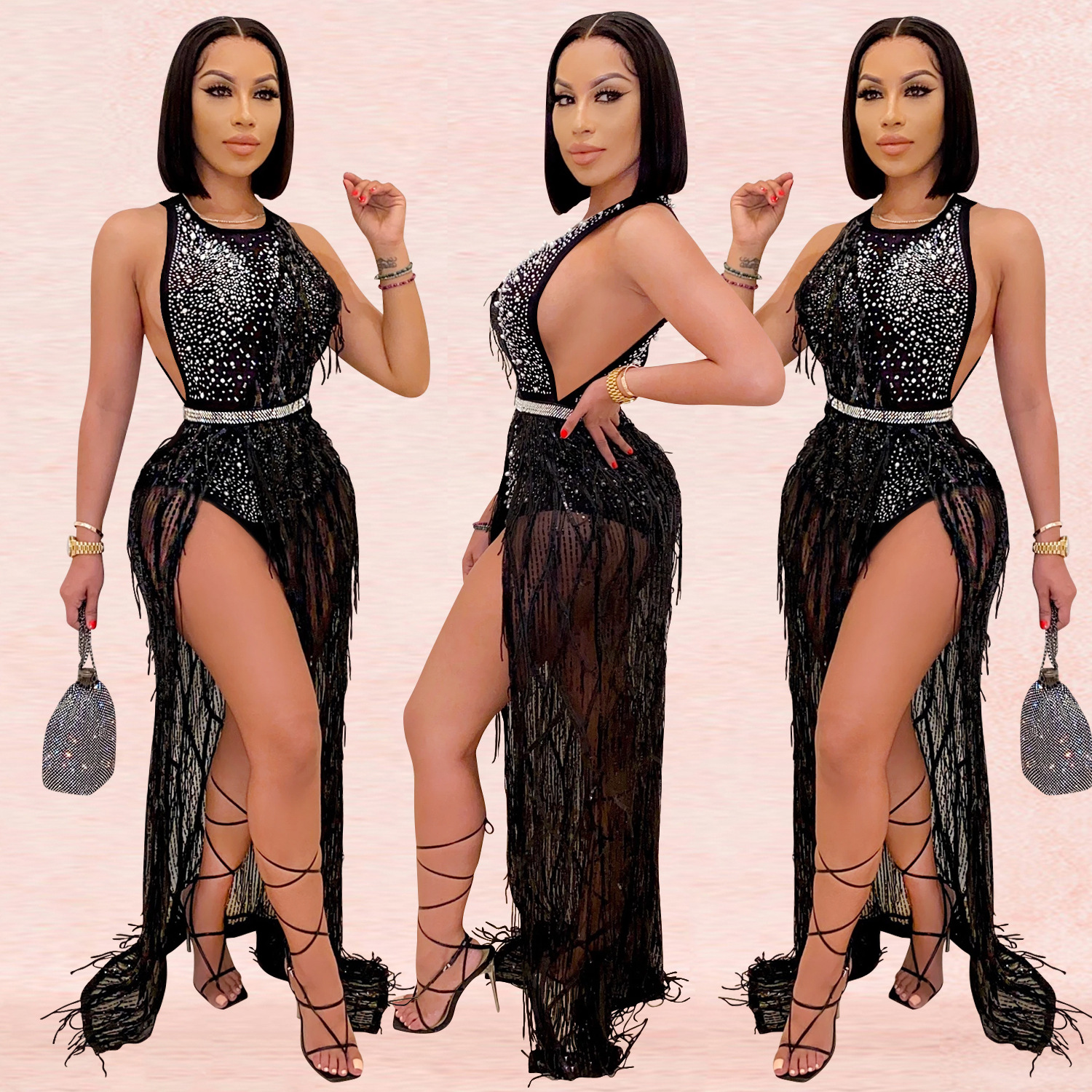 C3710 Cross-Border New Fashion European and American Style Nightclub Hot Drilling Sequin Mesh Sexy Tassel Dress Two-Piece Set for Women