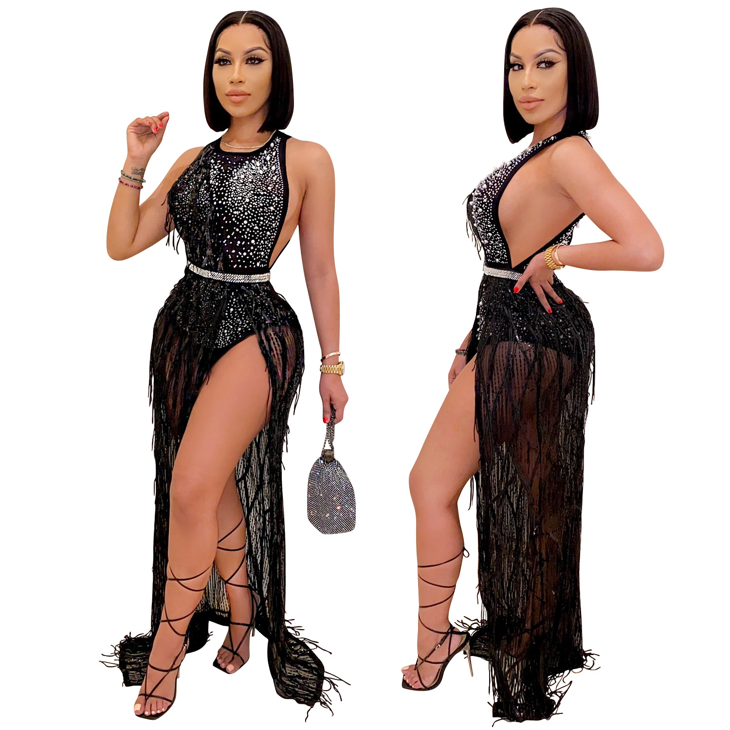 C3710 Cross-Border New Fashion European and American Style Nightclub Hot Drilling Sequin Mesh Sexy Tassel Dress Two-Piece Set for Women