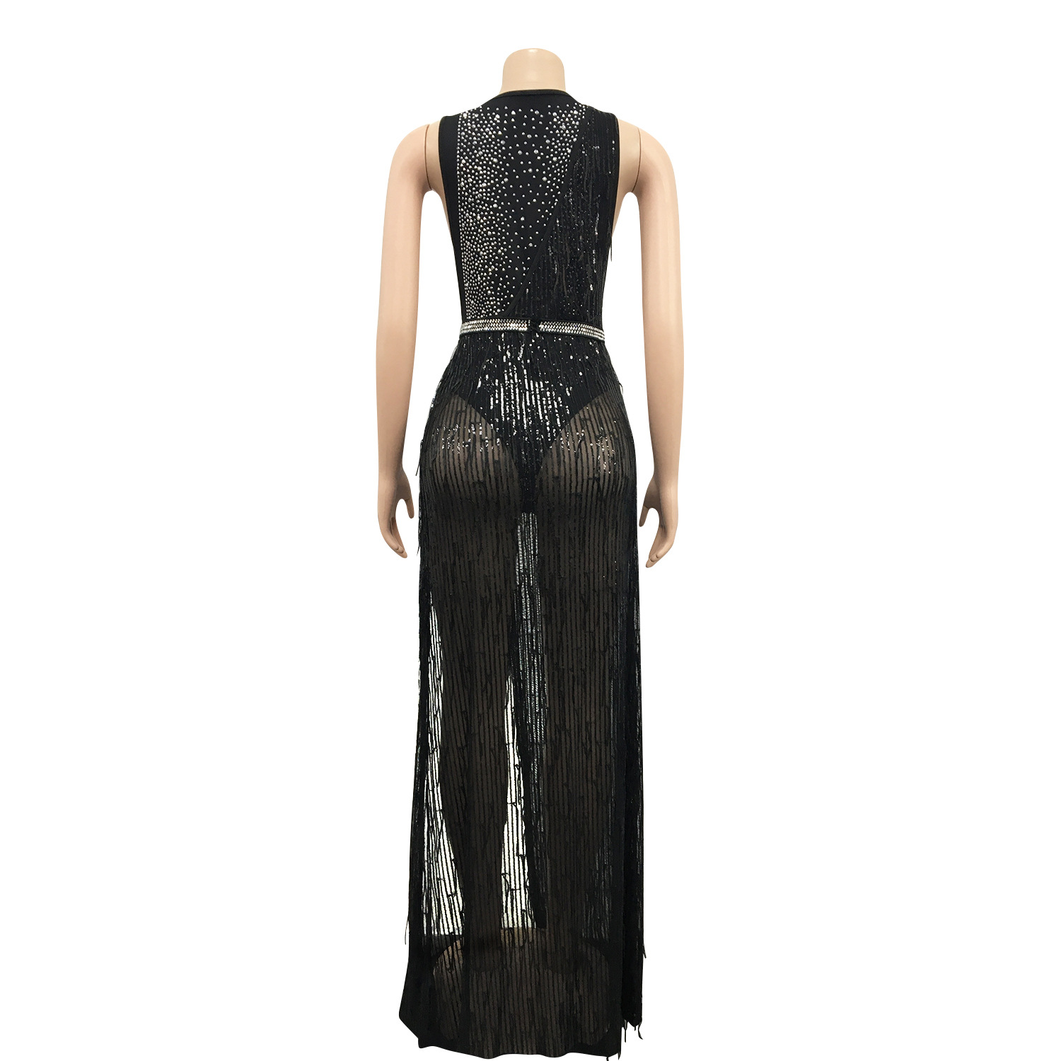C3710 Cross-Border New Fashion European and American Style Nightclub Hot Drilling Sequin Mesh Sexy Tassel Dress Two-Piece Set for Women