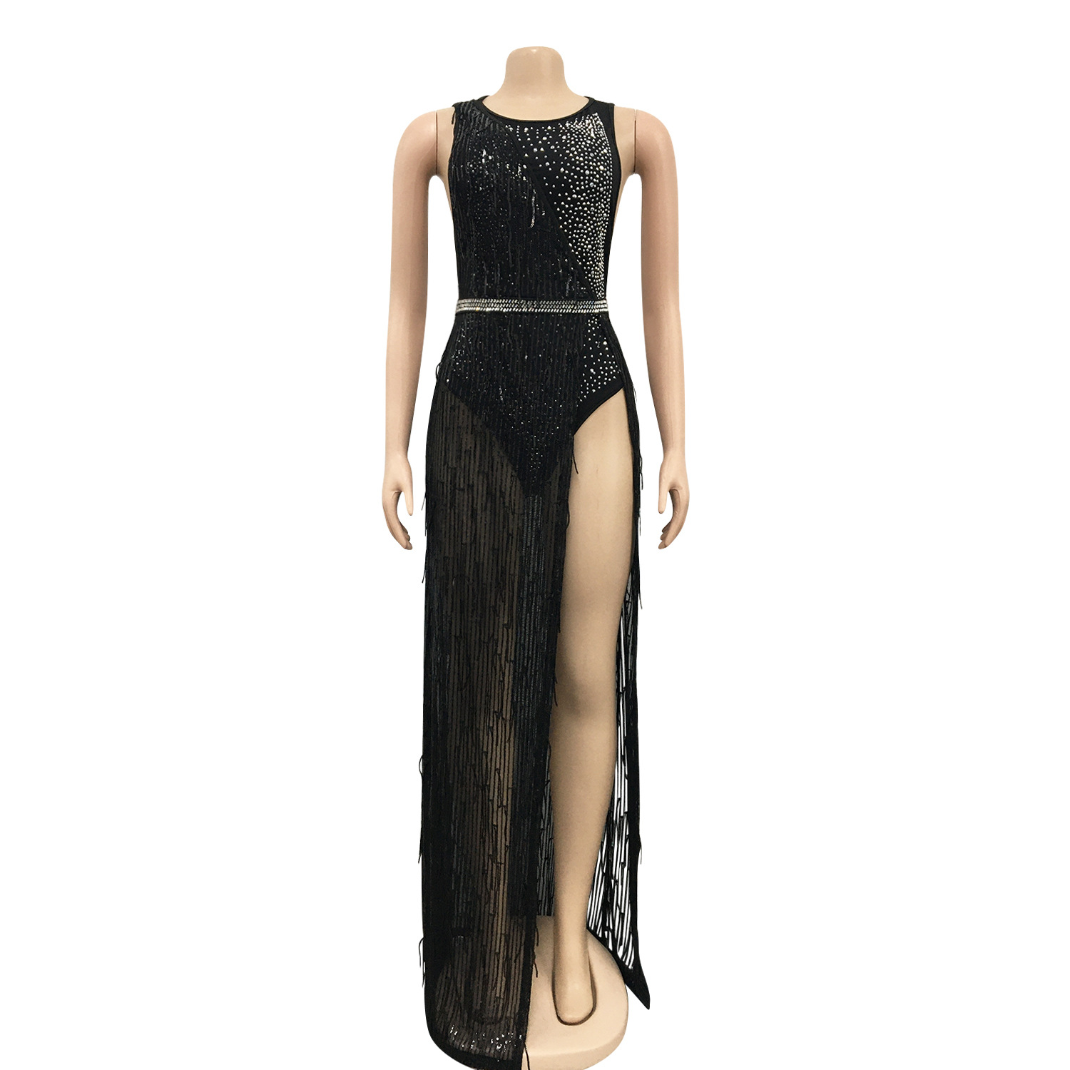 C3710 Cross-Border New Fashion European and American Style Nightclub Hot Drilling Sequin Mesh Sexy Tassel Dress Two-Piece Set for Women