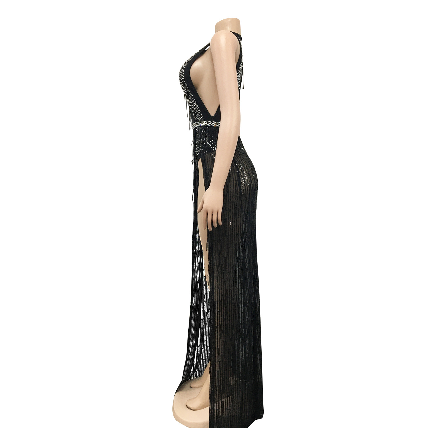 C3710 Cross-Border New Fashion European and American Style Nightclub Hot Drilling Sequin Mesh Sexy Tassel Dress Two-Piece Set for Women